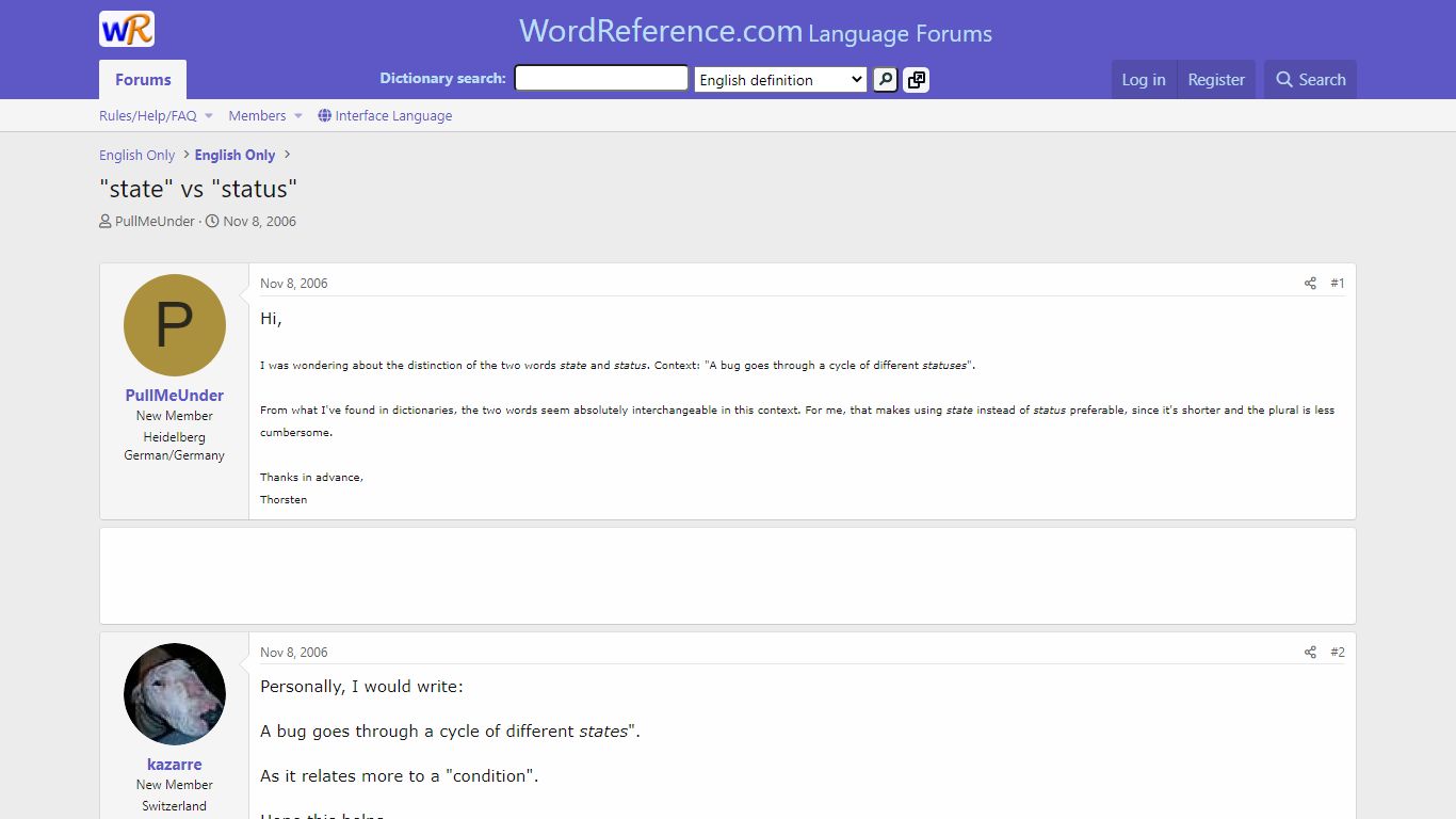 "state" vs "status" | WordReference Forums